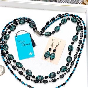 Handcrafted “Triple Strand” Turquoise Black Onyx & 925 Necklace & Earring Set
